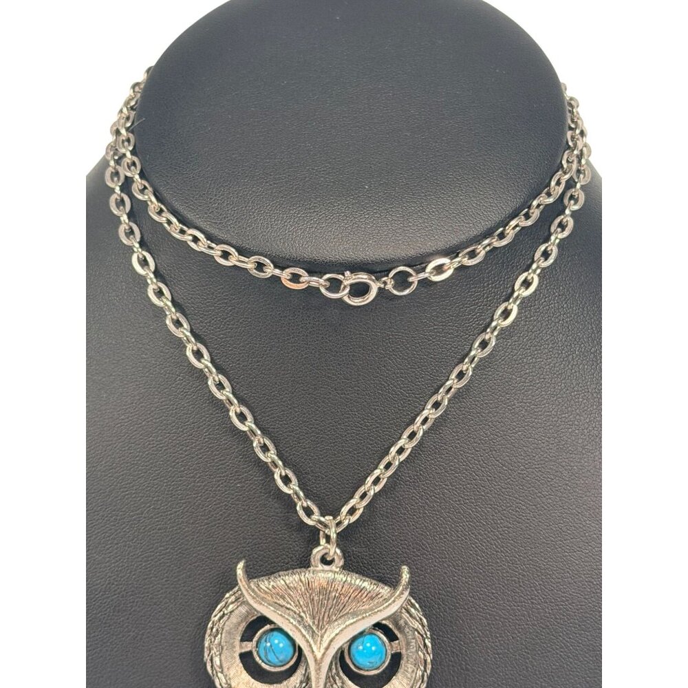 Vintage Statement Large Faux Turquoise Silver-Tone Owl Pendant Necklace MCM - Picture 3 of 5